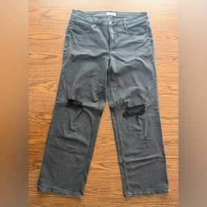 RFM Tummy Control Black Distressed Wide-Leg Jeans with Knee Rips